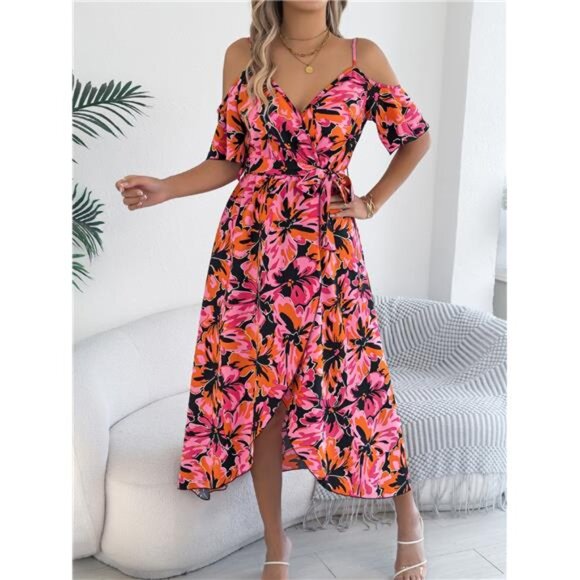 Printed Cold Shoulder Midi Cami Dress - Picture 1 of 15